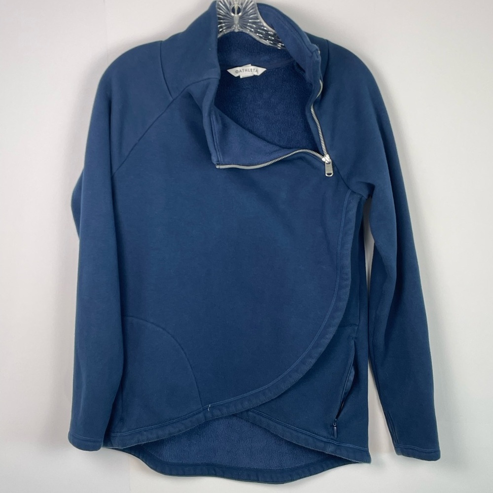Athleta Cozy Karma Asym Pullover Navy Blue Fleece Zipper Sweatshirt Size Small - Picture 2 of 15